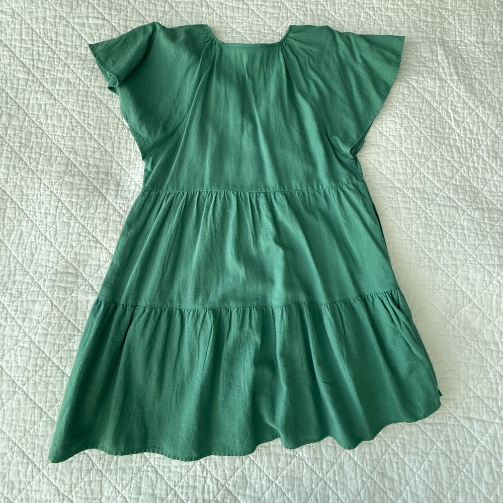 Green V-Neck Tiered Dress Cotton/Rayon Blend - Picture 4 of 9